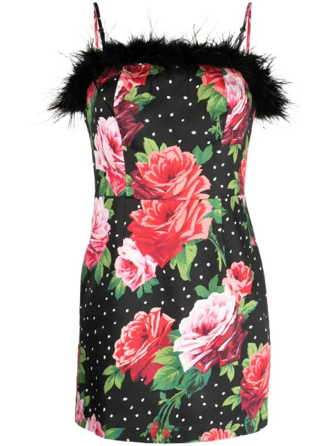 Kitri Nola rose-print feather-trim minidress