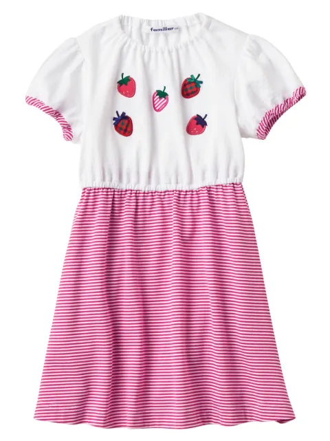 Familiar strawberry-appliqué striped cotton dress