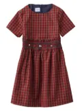familiar checked smocking-detail midi dress - Red
