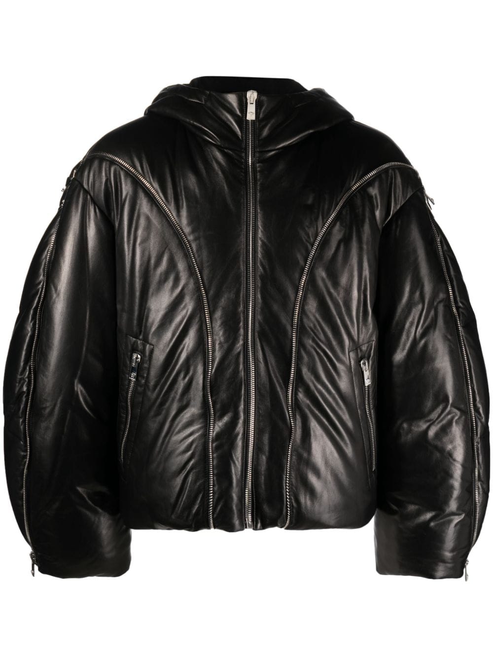 zip-detail leather puffer jacket