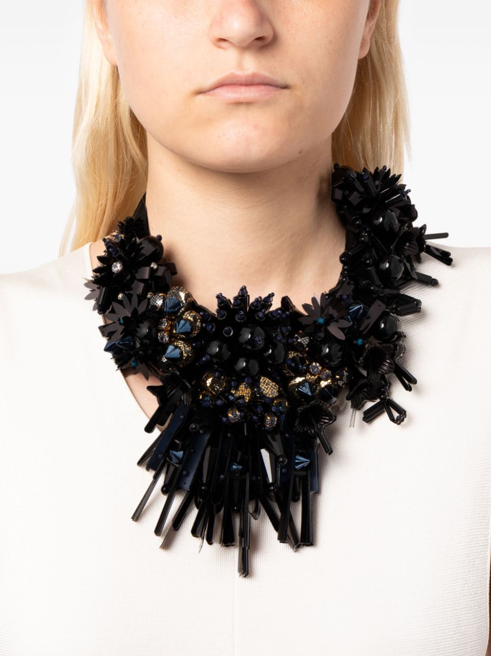 Biyan crystal-embellished beaded necklace - Zwart