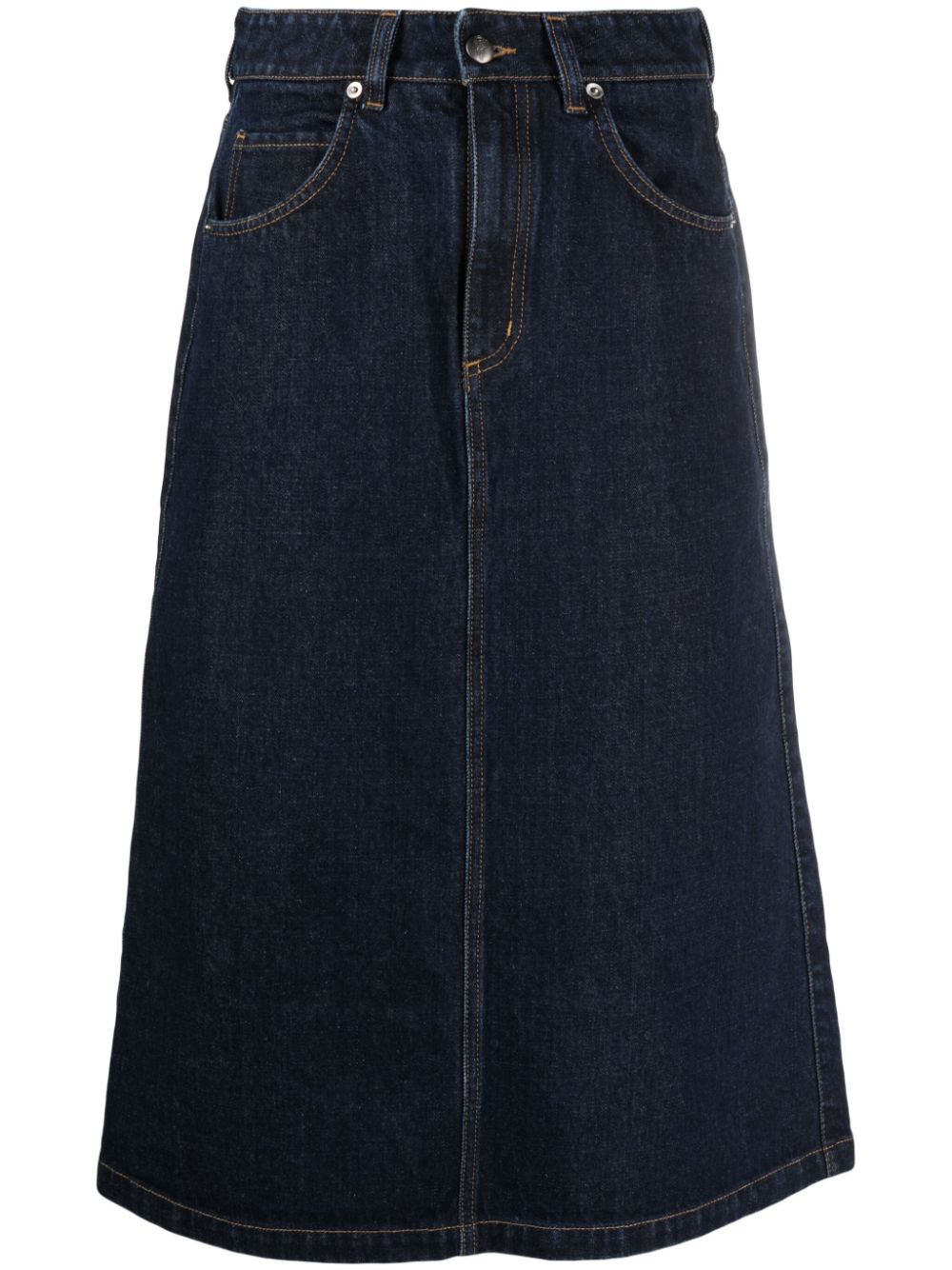 number-embroidered denim midi skirt