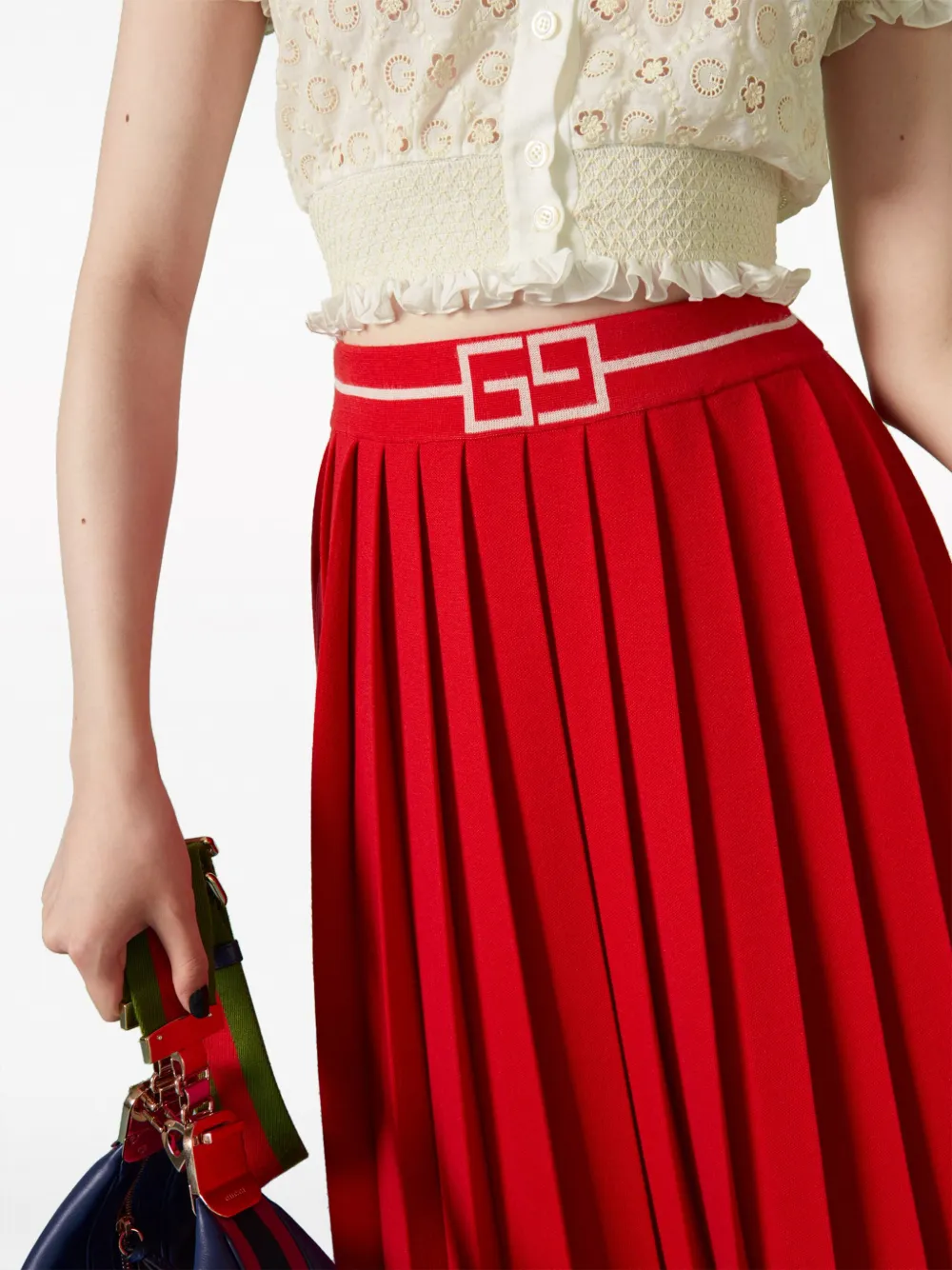 Shop Gucci Gg-waistband Jacquard Midi Skirt In Red