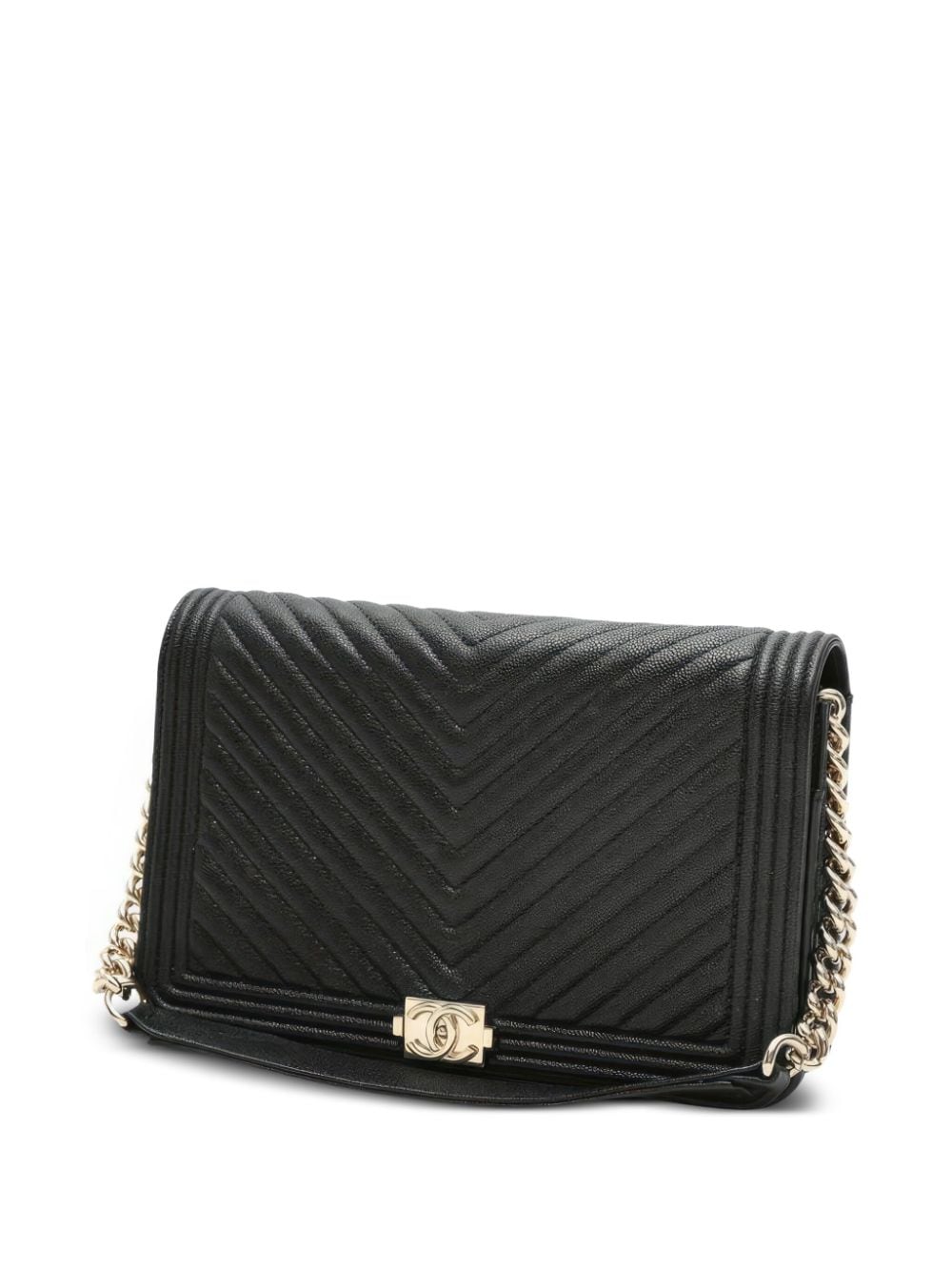 Pre-owned Chanel Chevron Boy Push-lock Wallet-on-chain In Black