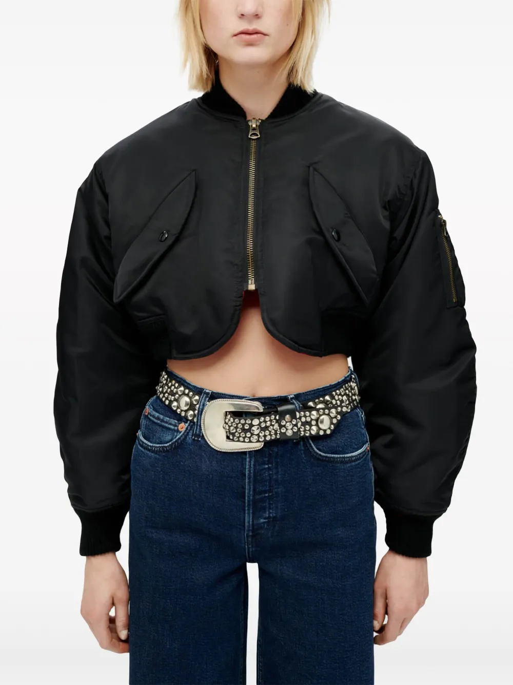 Re/done Cropped Shell Bomber Jacket In Black