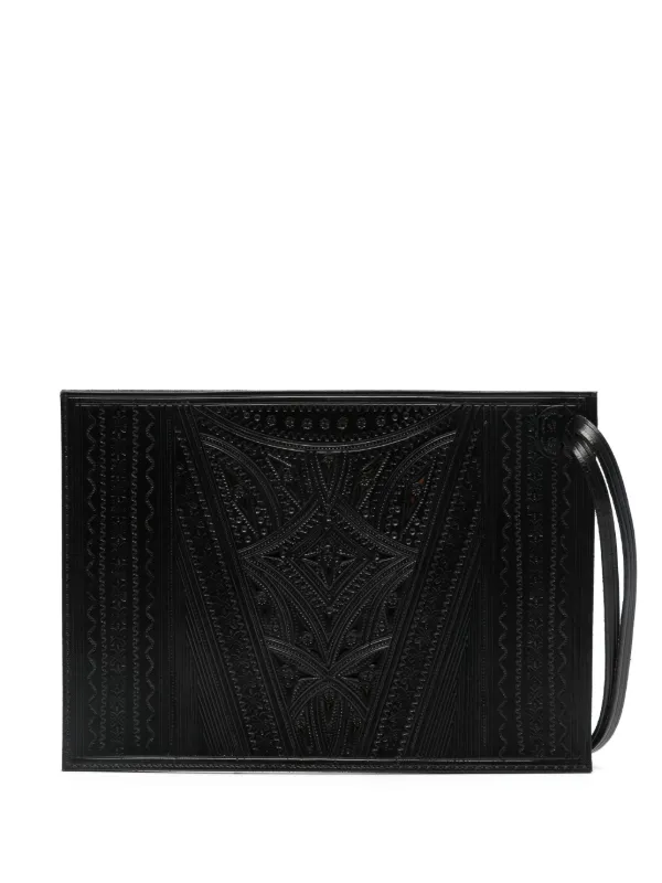 Rier Debossed-finish Leather Messenger Bag in Black