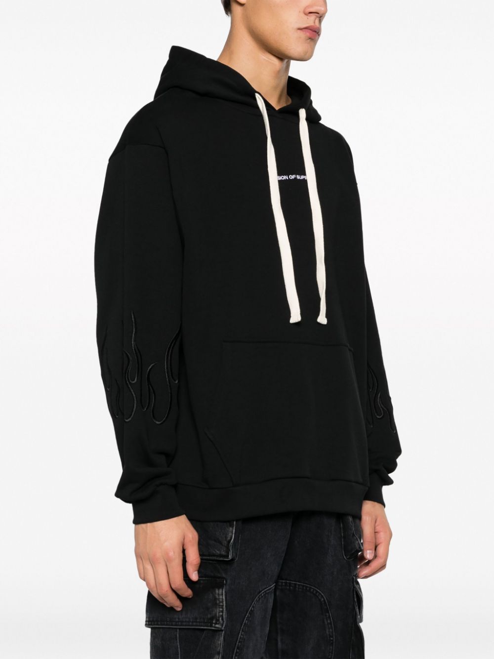 Shop Vision Of Super Flame-embroidered Cotton Hoodie In Black