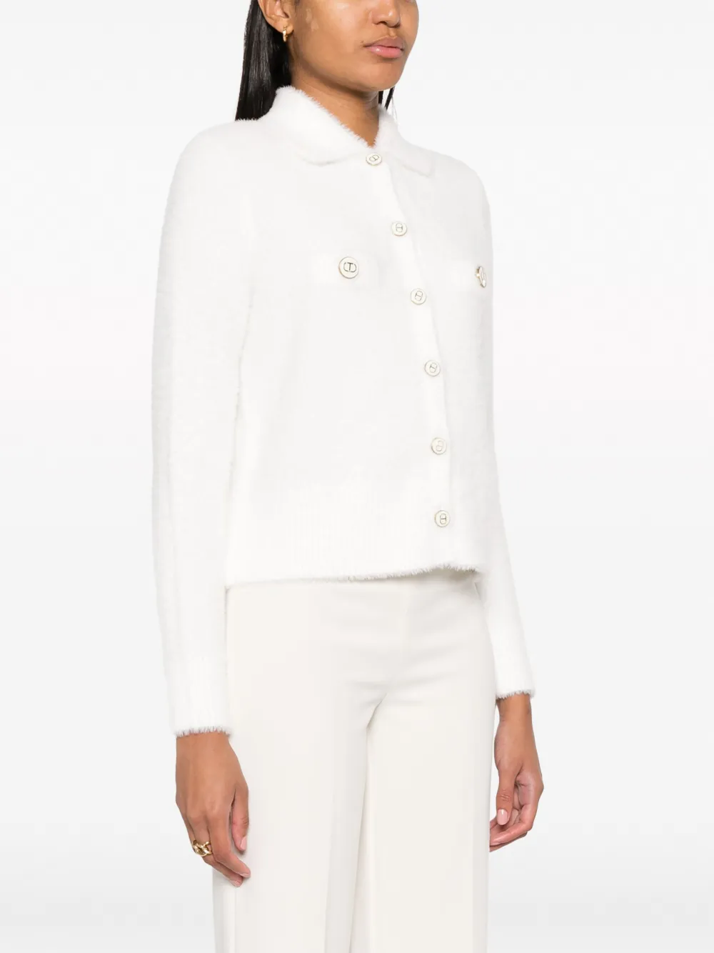 White Patchwork Knit Cardigan Unisex Loose Fit With Lace Trim And Chinese Button Closures