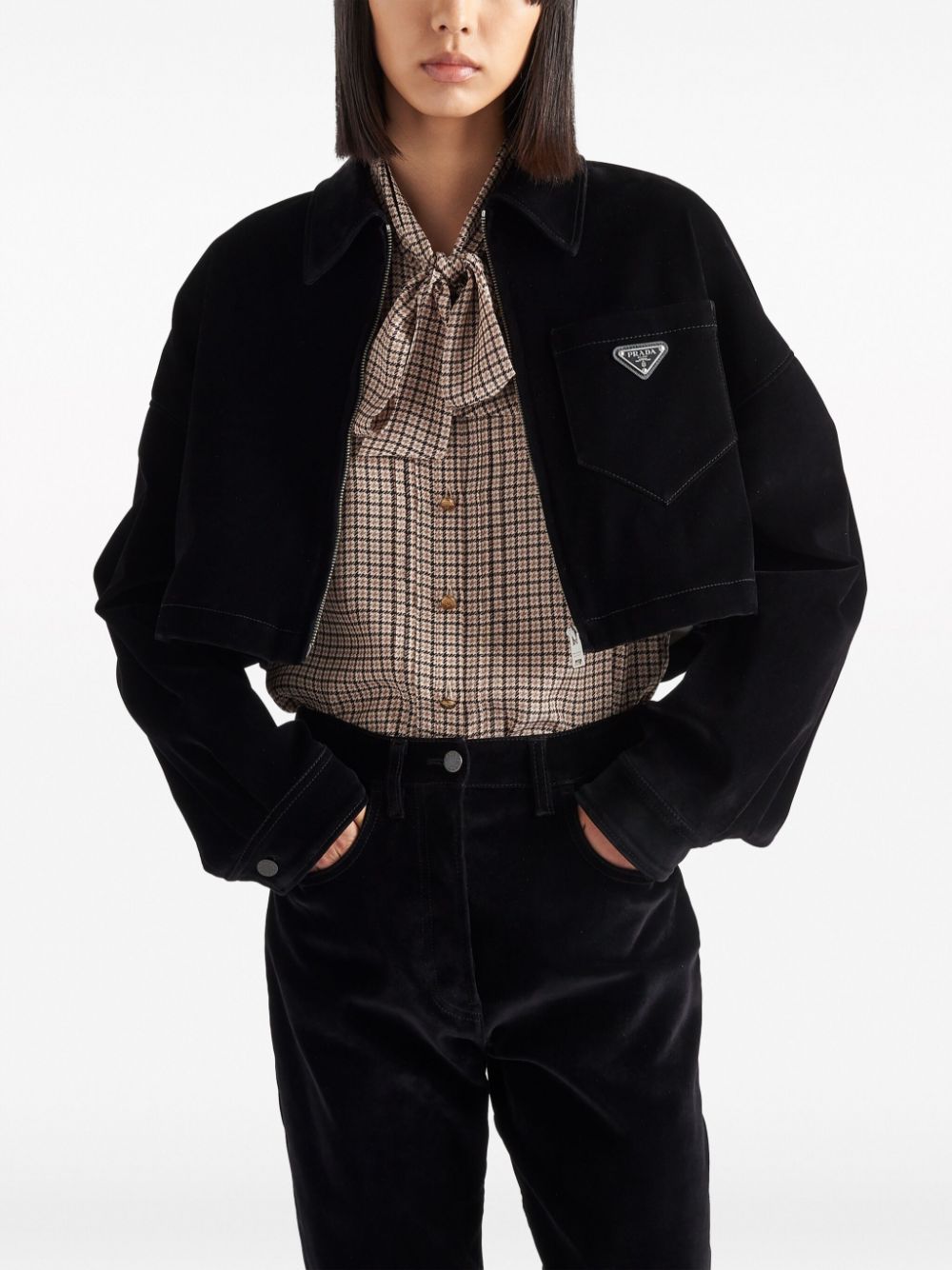 Shop Prada Velvet Denim Blouson Jacket In Black