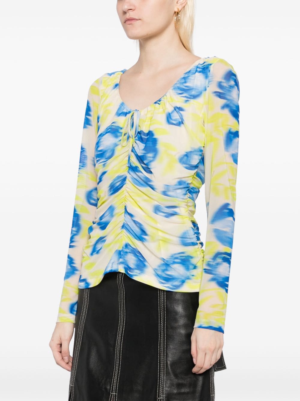 Shop Ganni Floral-print Ruched Mesh Top In Multicolour