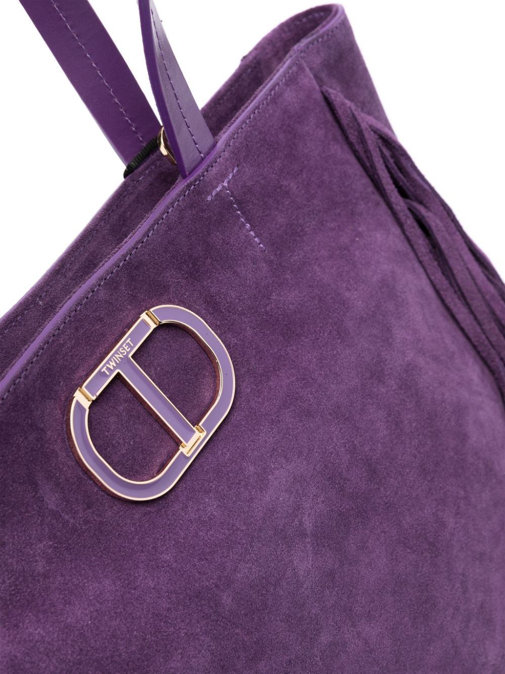 Shop Twinset Melrose Logo-plaque Fringed Suede Tote Bag In Purple