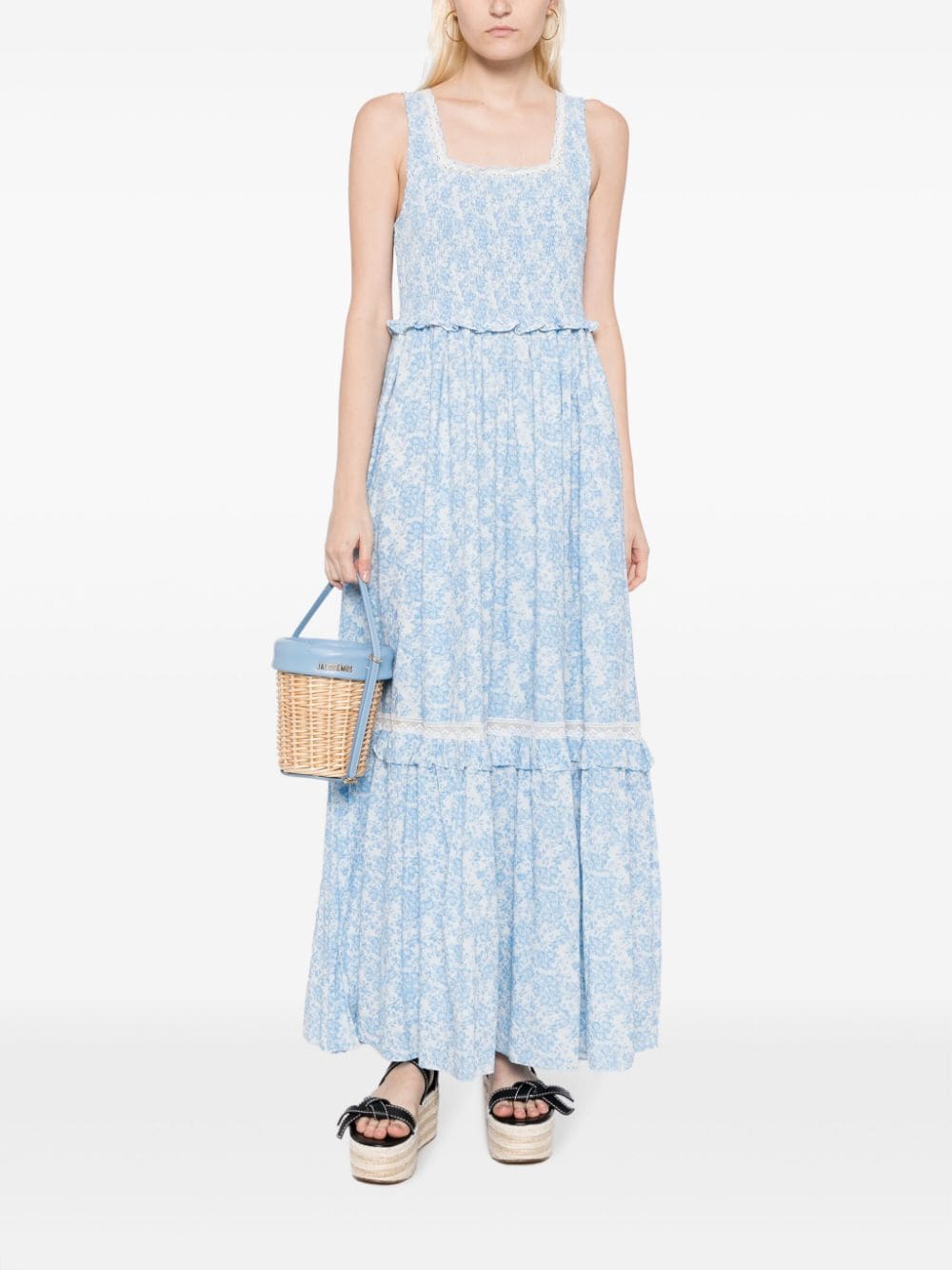 Shop Loveshackfancy Brentlin Floral-print Cotton Dress In Blue
