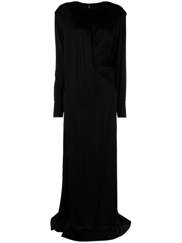 Black Silk Maxi Dress With Long Sleeves and Side Slit, Black Silk