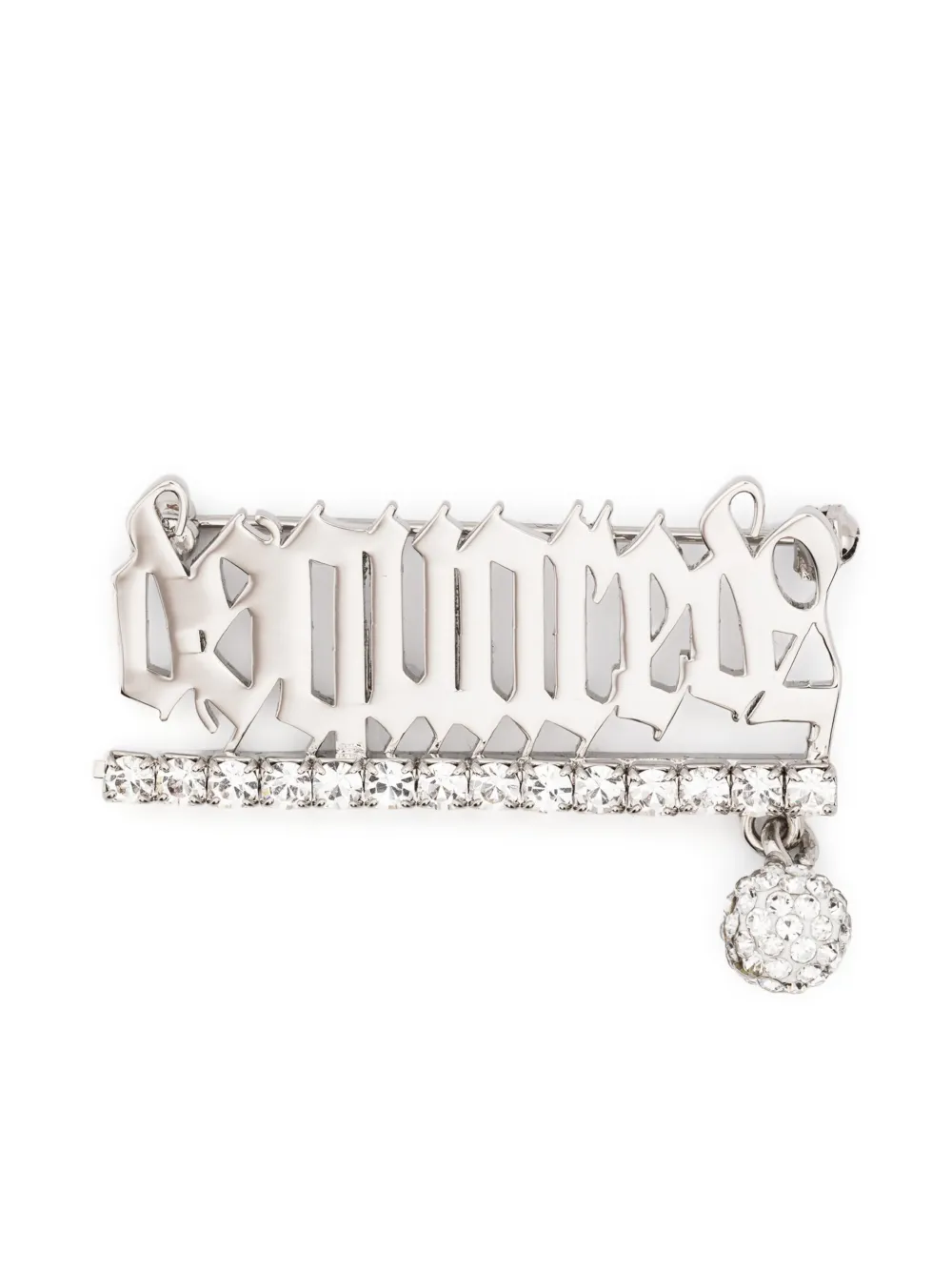 logo-lettering rhinestone brooch