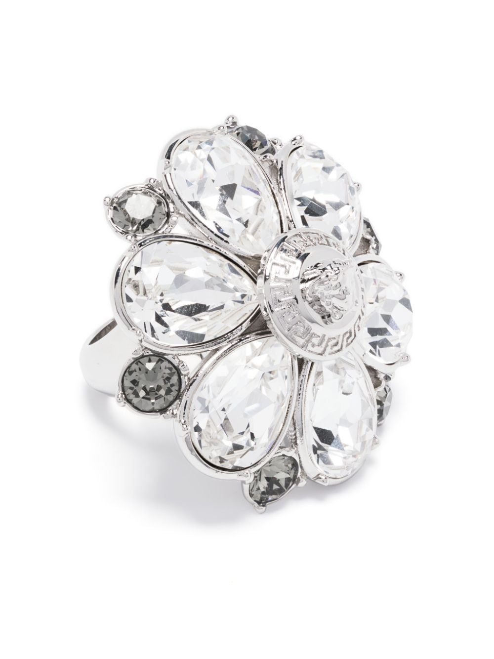 Shop Versace Floral Crystal-embellished Ring In Silver