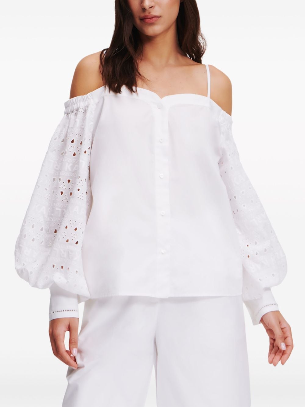 Shop Karl Lagerfeld Broderie-anglaise Off-shoulder Blouse In White