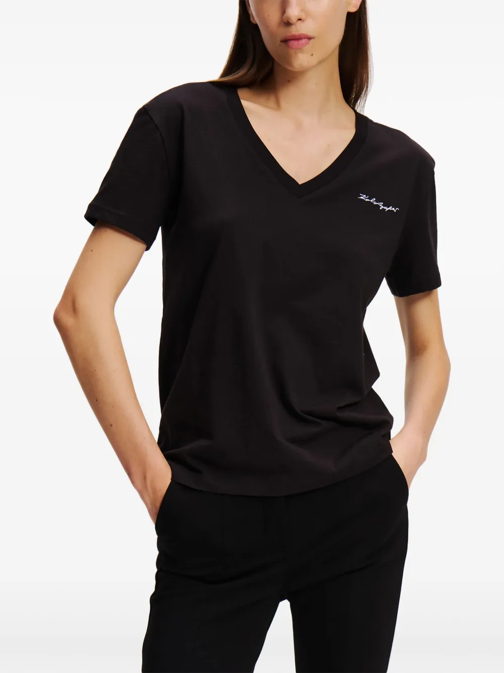 Karl Lagerfeld Signature T-shirt met V-hals Zwart