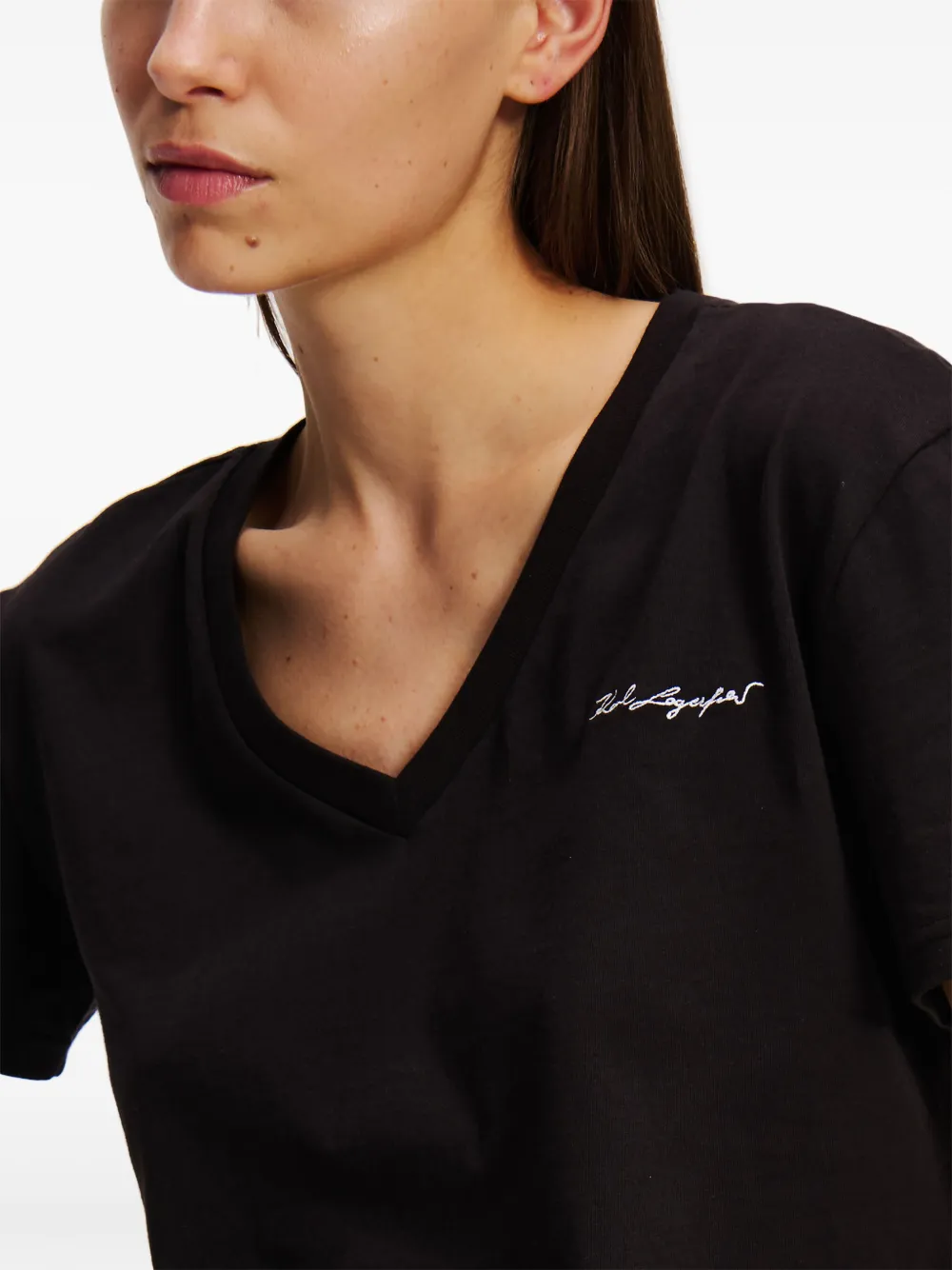 Karl Lagerfeld Signature T-shirt met V-hals Zwart