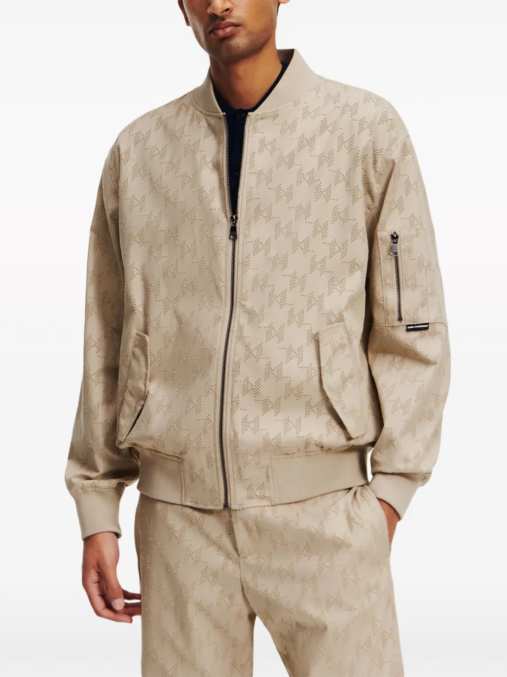 Shop Karl Lagerfeld Perforated-monogram Bomber Jacket In Neutrals