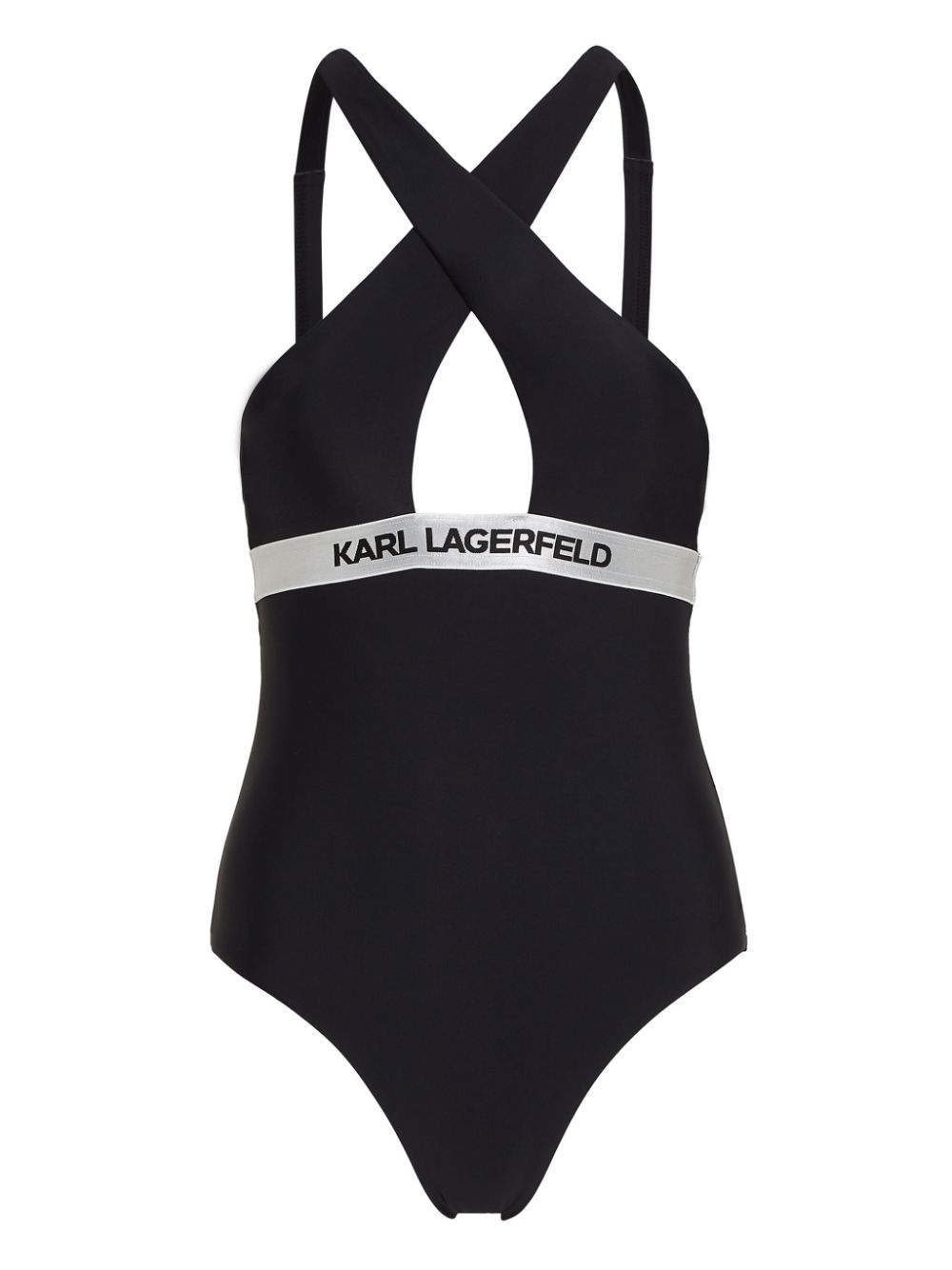 Karl Lagerfeld Logo-underband Crossover Swimsuit In Black