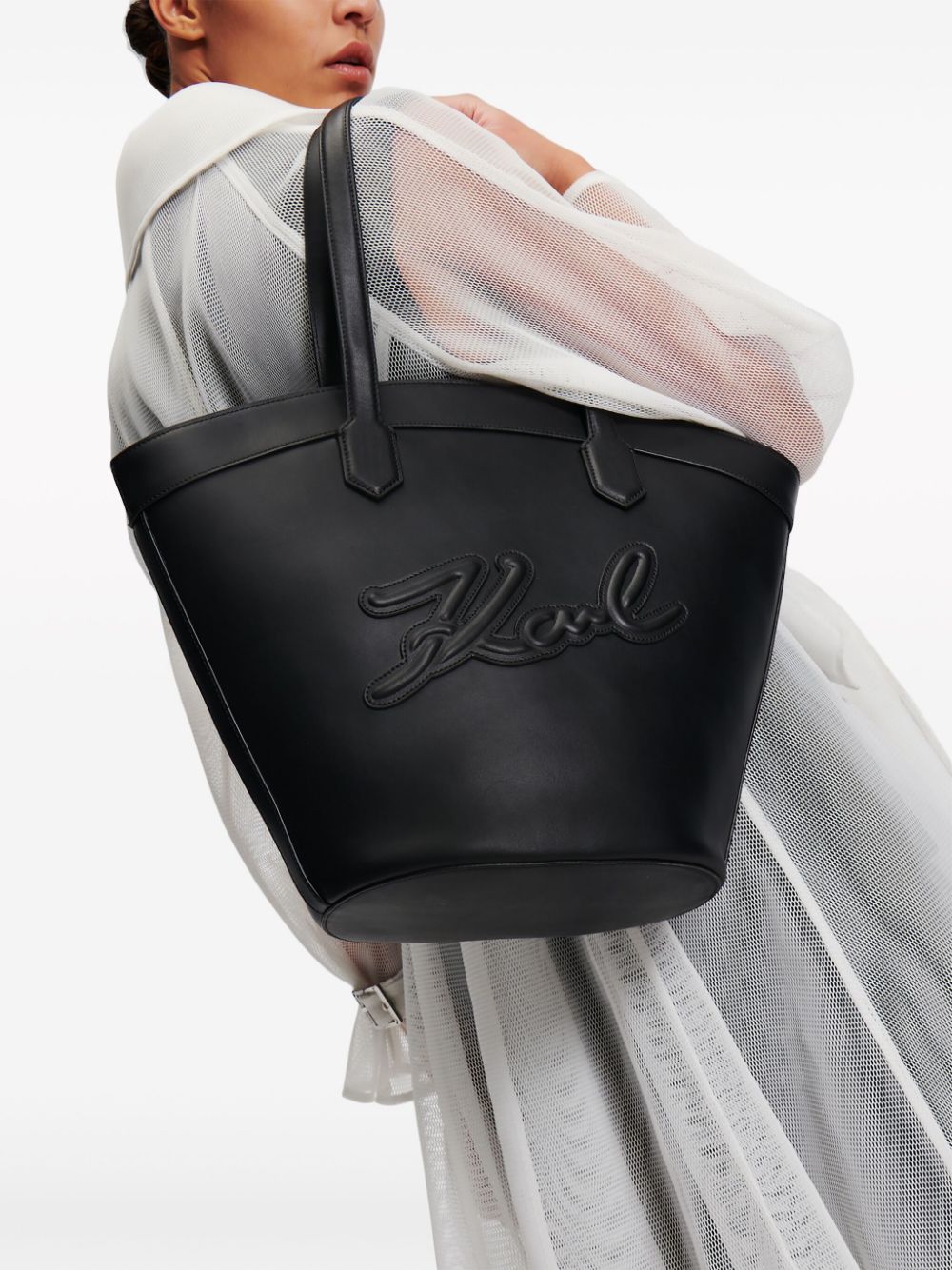 Shop Karl Lagerfeld Medium Signature Tulip Leather Tote Bag In Black