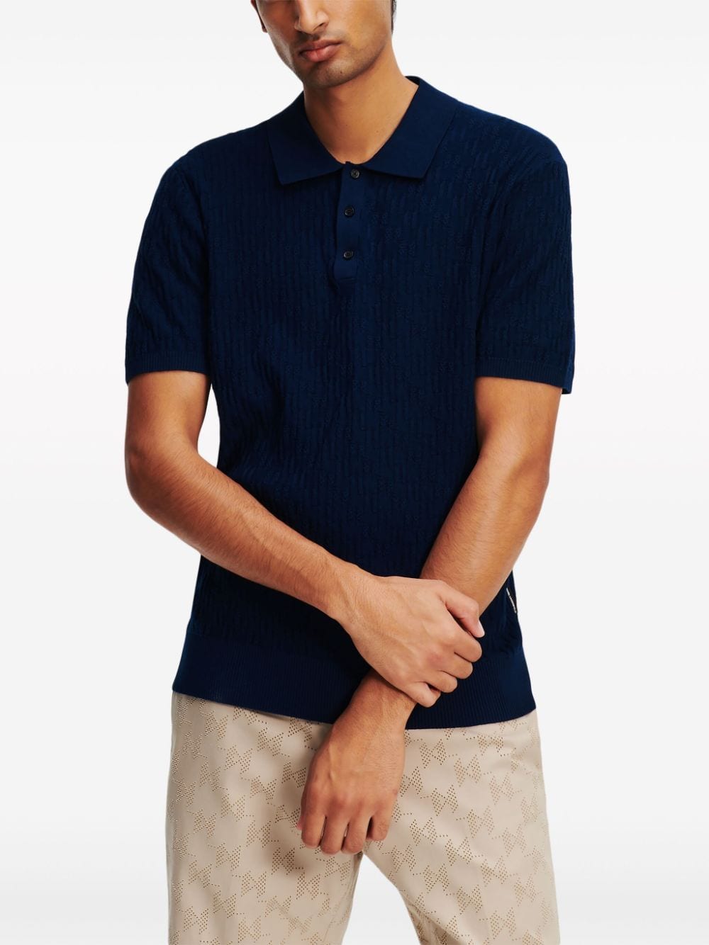 Shop Karl Lagerfeld Monogram-jacquard Cotton Polo Shirt In Blue