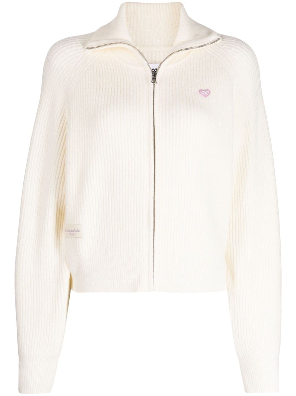 Chocoolate Zip-up Ribbed-knit Cardigan In White