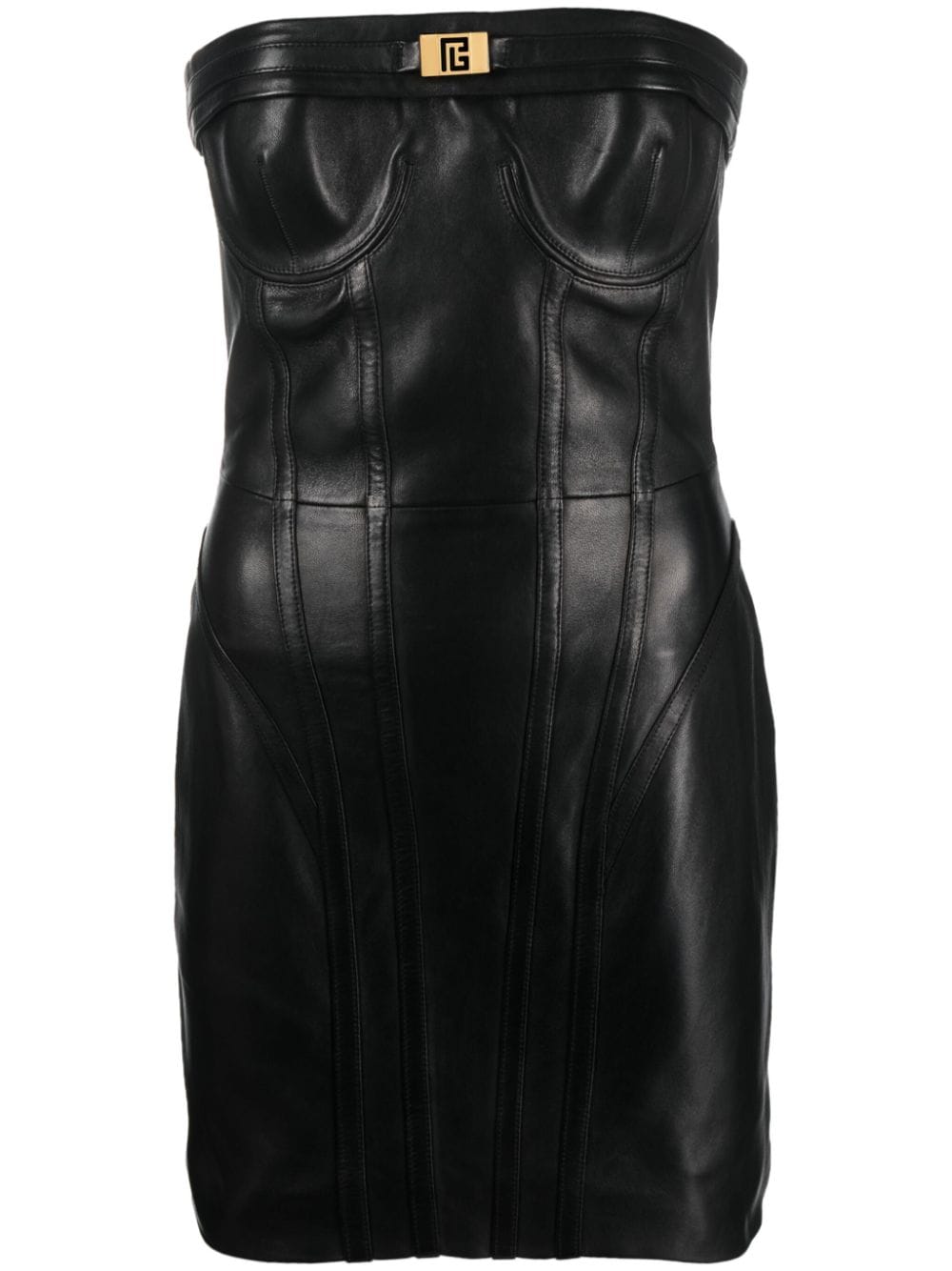 Balmain Strapless Leather Minidress In Black