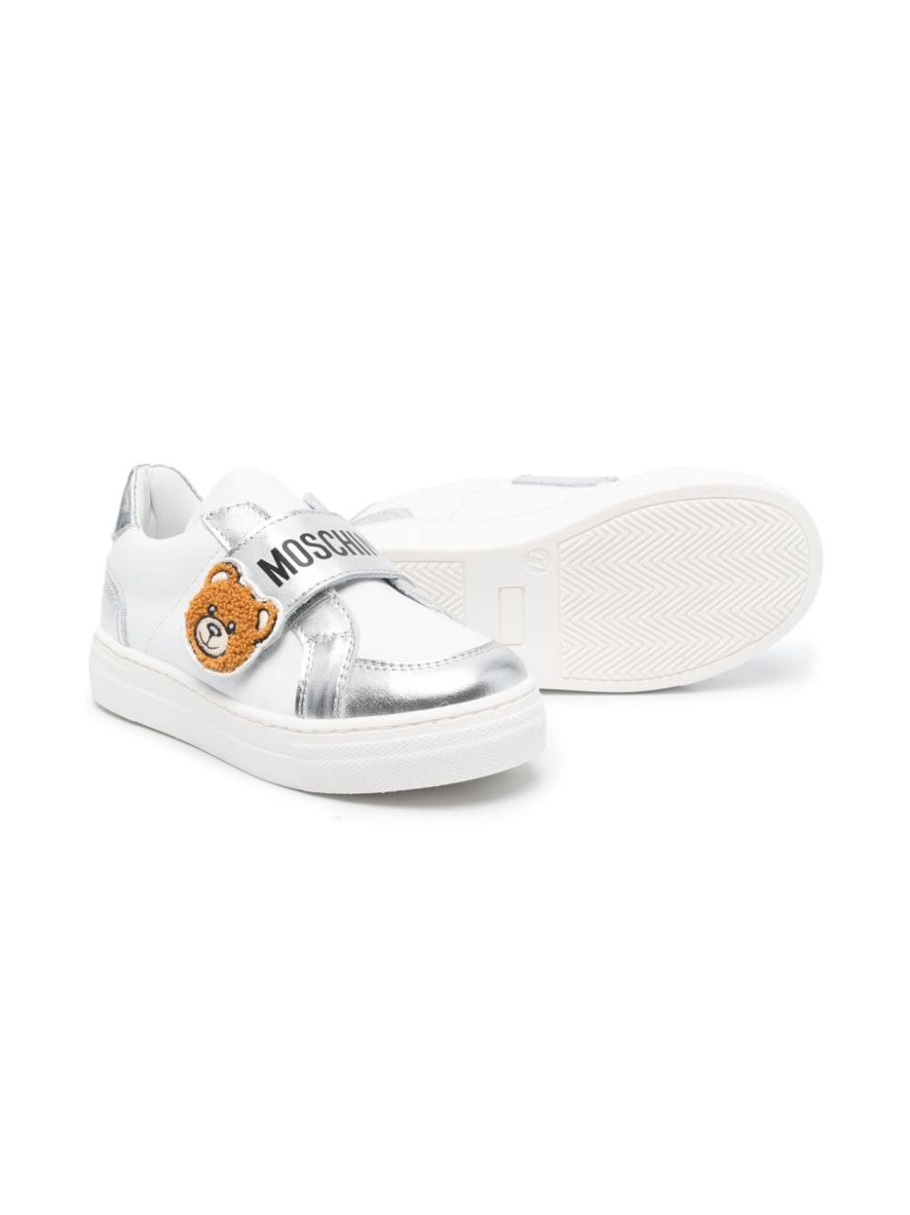 Moschino Kids metallic logo-print touch-strap sneakers - Wit