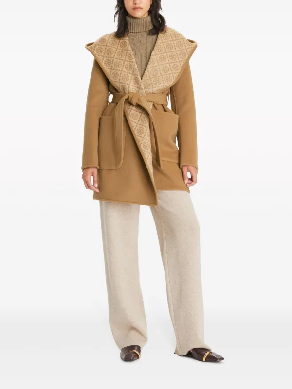 Monogram Jacquard Wool Coat in Brown - Tory Burch