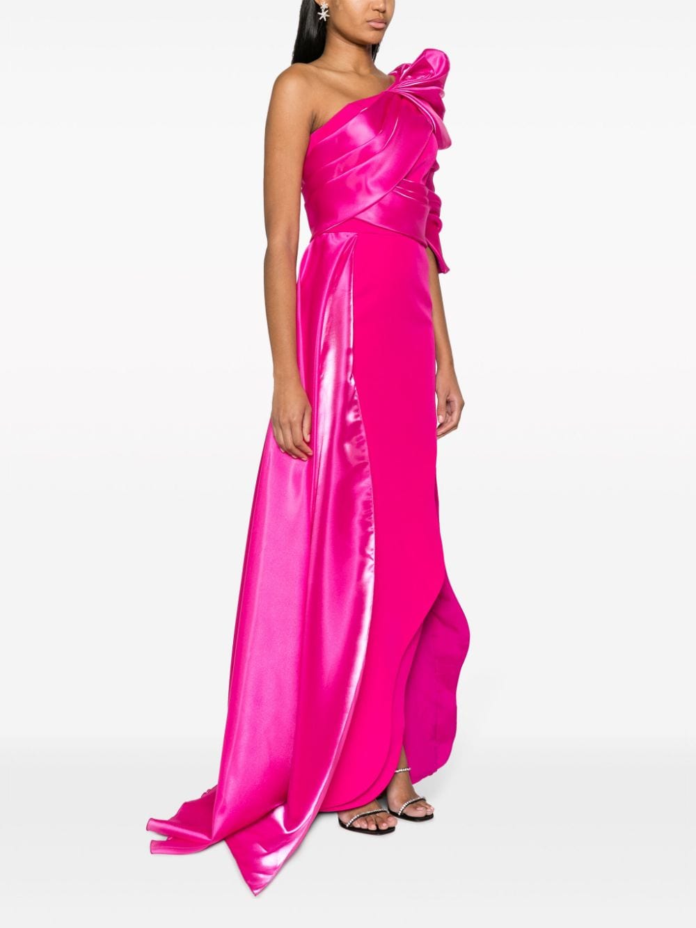Shop Gaby Charbachy Asymmetric Draped One-shoulder Gown In Pink