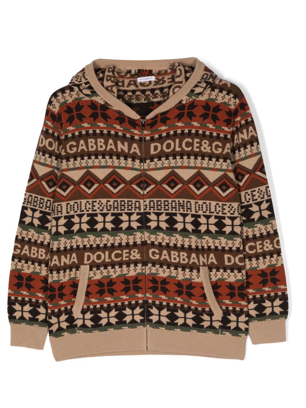 Dolce & Gabbana Kids' Patterned-intarsia Vrigin-wool Cardigan In Brown