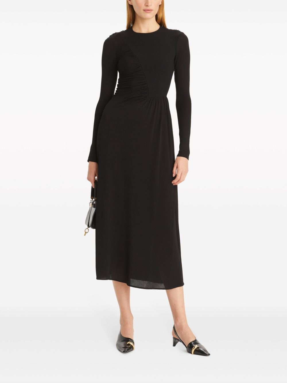 Shop Tory Burch Long-sleeved Ruched-detail Midi Dress In Black