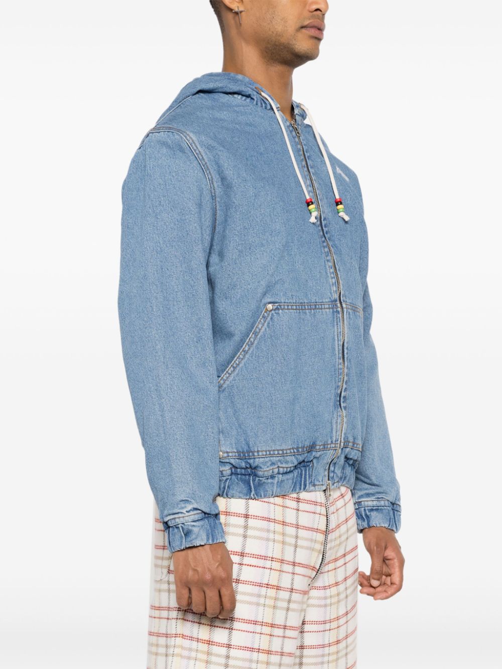 Shop Piet Logo-embroidered Denim Zip-up Hoodie In Blue