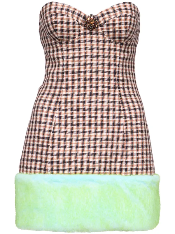 Area Check-print Bandeau Minidress in Brown