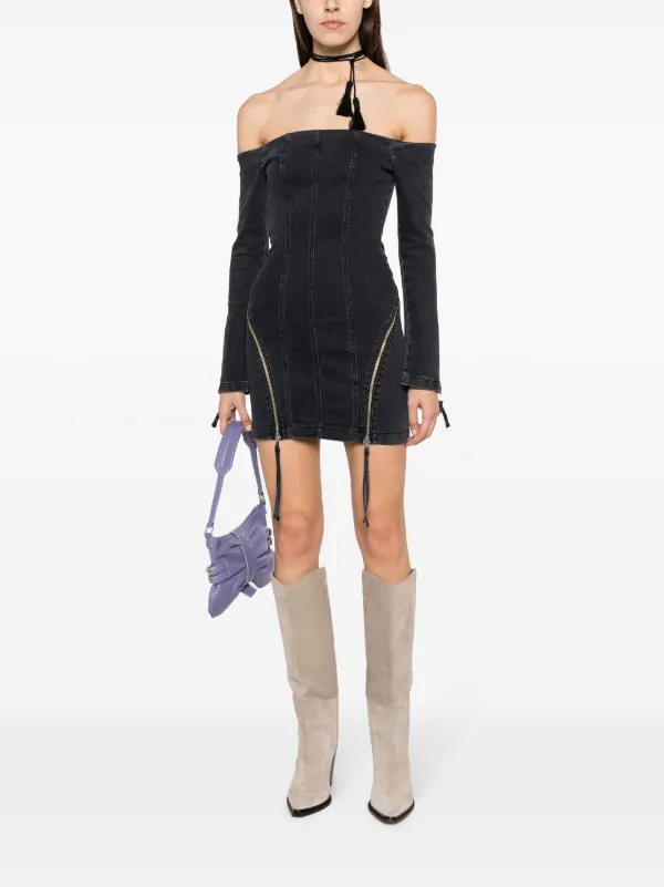 Blumarine Off-Shoulder Zip-Up Denim Dress - Black