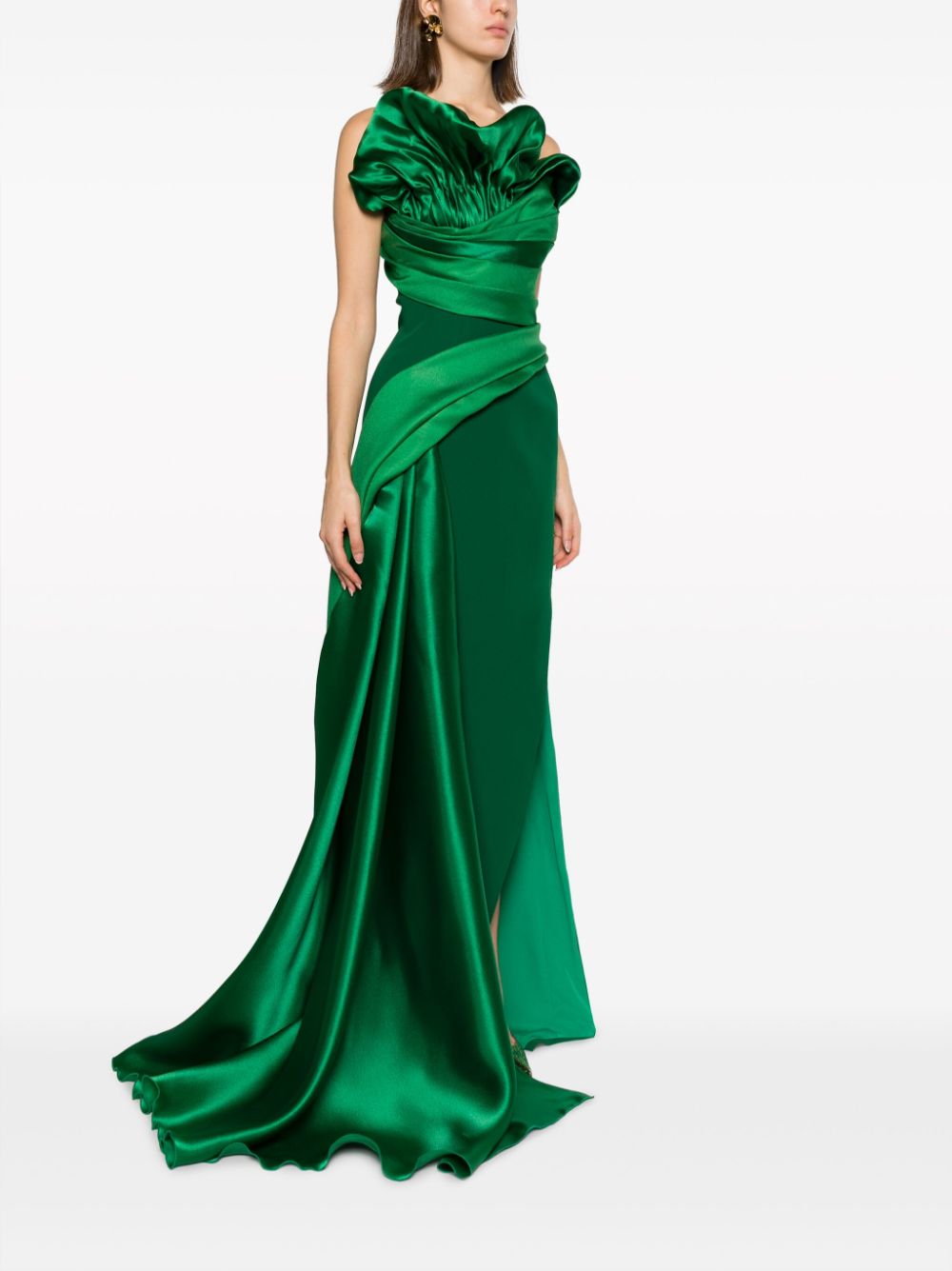 Shop Gaby Charbachy Draped Strapless Gown In Green