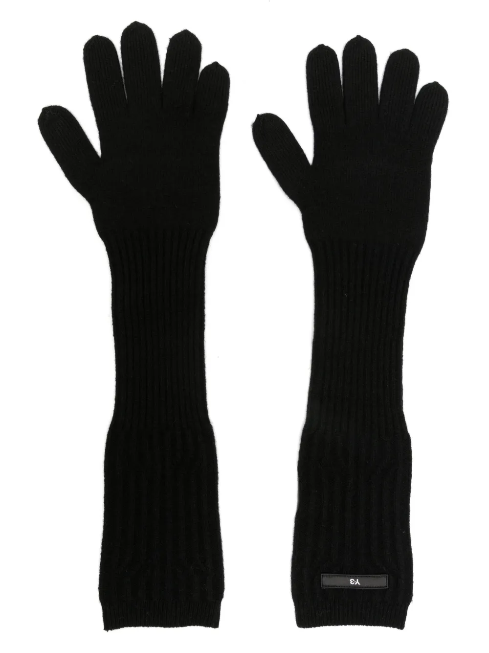 Y-3 logo-patch ribbed-knit long gloves - Nero