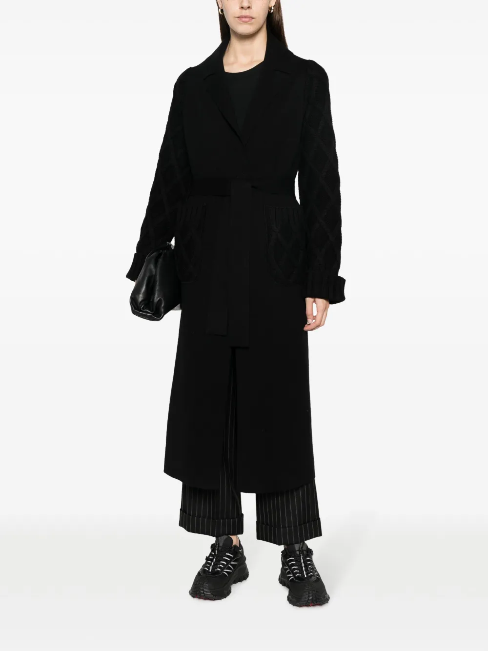 D.Exterior belted-waist knitted coat - Zwart