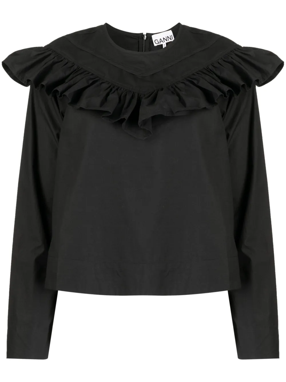 Ganni Long Sleeve Frill Cotton Blouse In Black