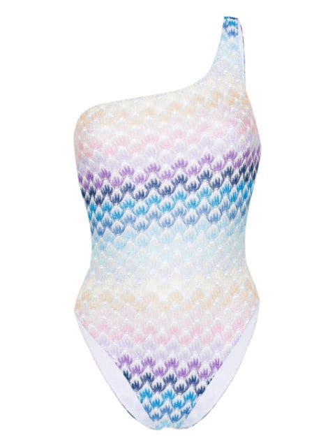 Missoni knitted-overlay one-shoulder swimsuit