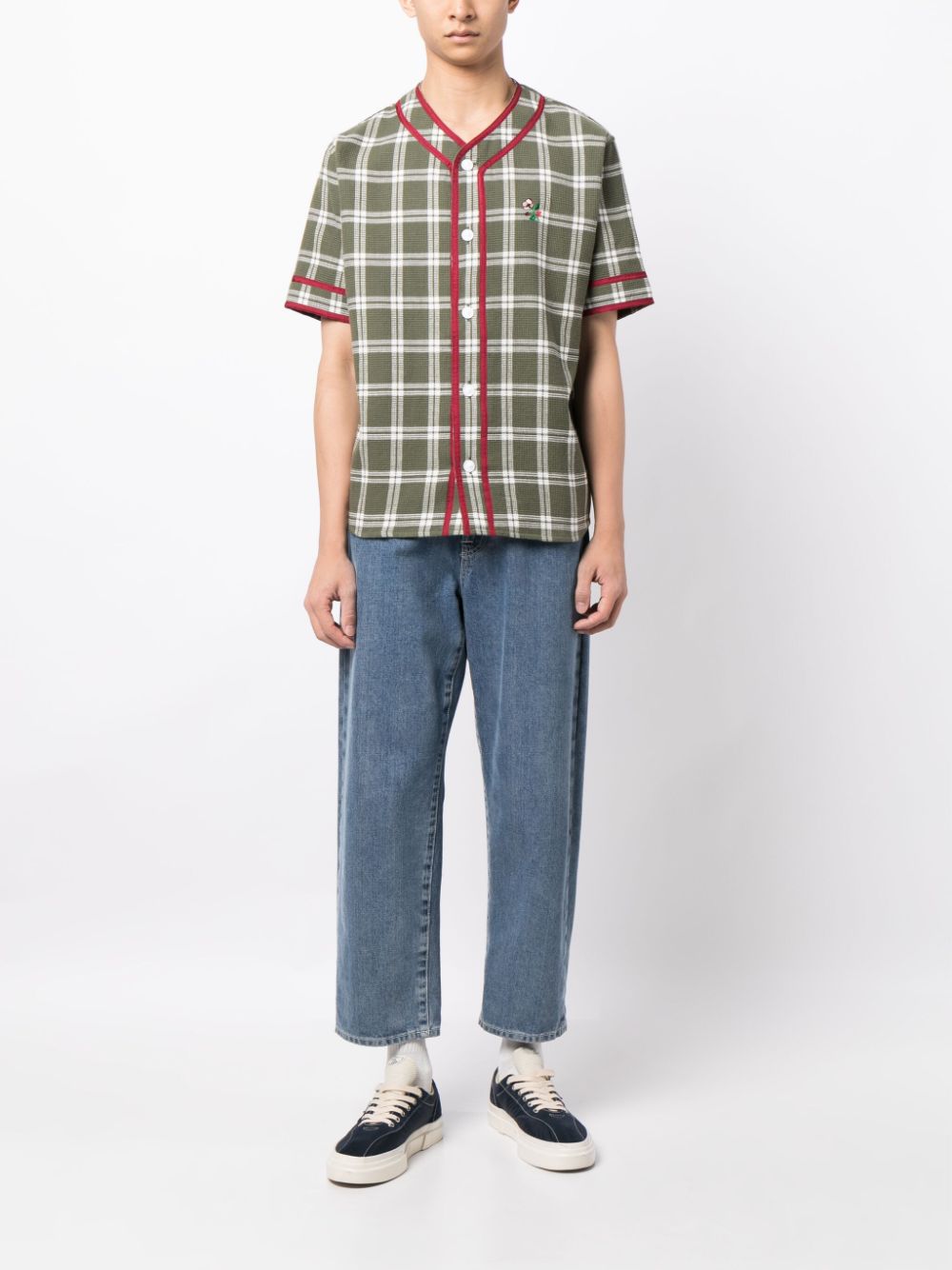 Shop Clot Check-pattern Striped-edge Shirt In Green