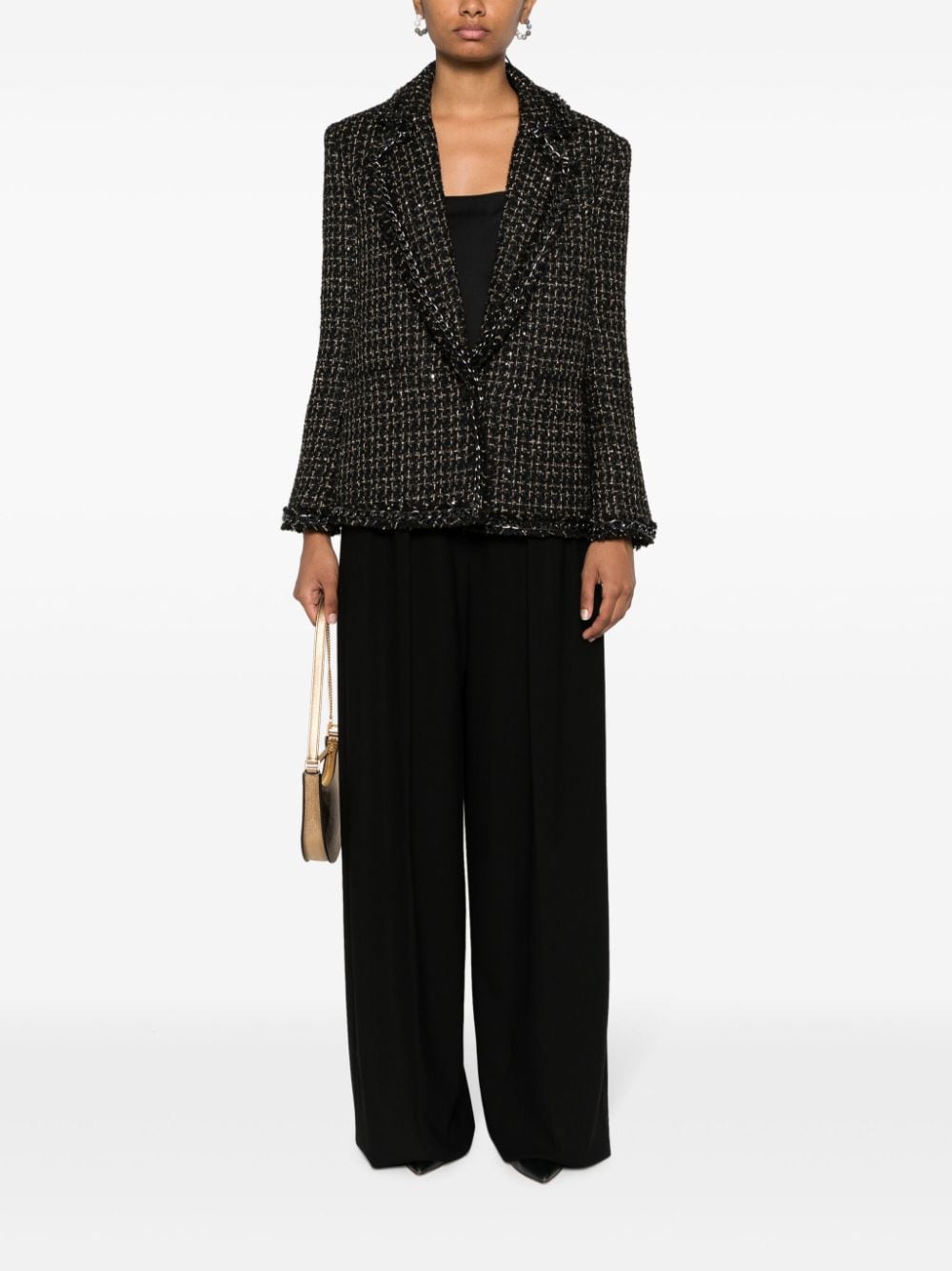 Shop Alice And Olivia Shan Chain-trim Tweed Blazer In Black