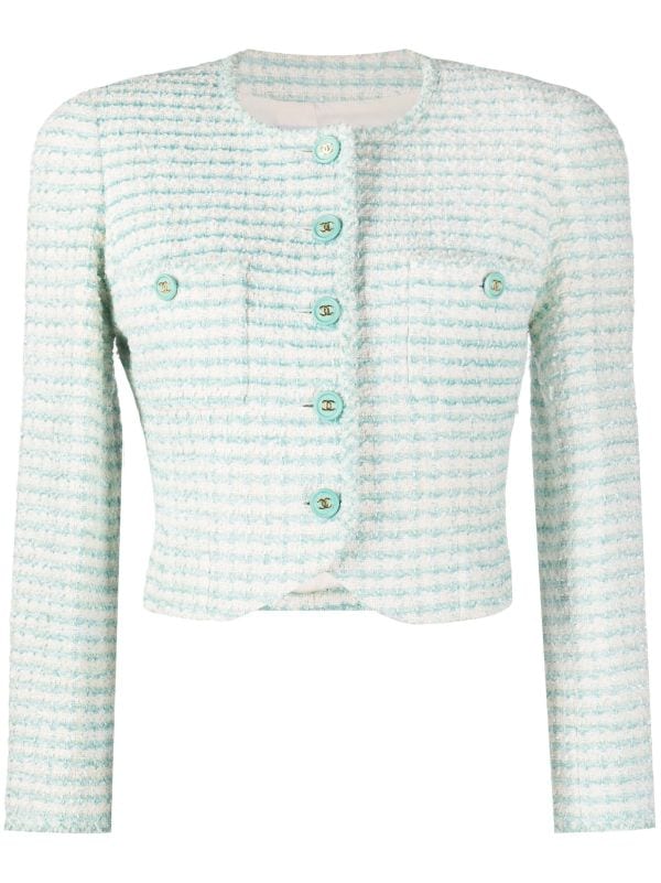 Chanel Pre-owned 1990s CC-buttons Collarless Tweed Jacket - Green