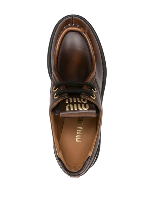 Miu Miu logo-patch Leather Loafers | Brown | FARFETCH