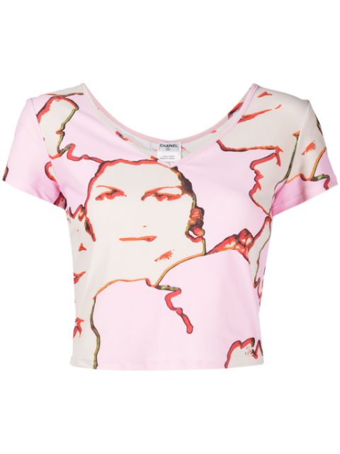 HOT SALE CHANEL 2000 Mademoiselle-print V-neck T-shirt Women