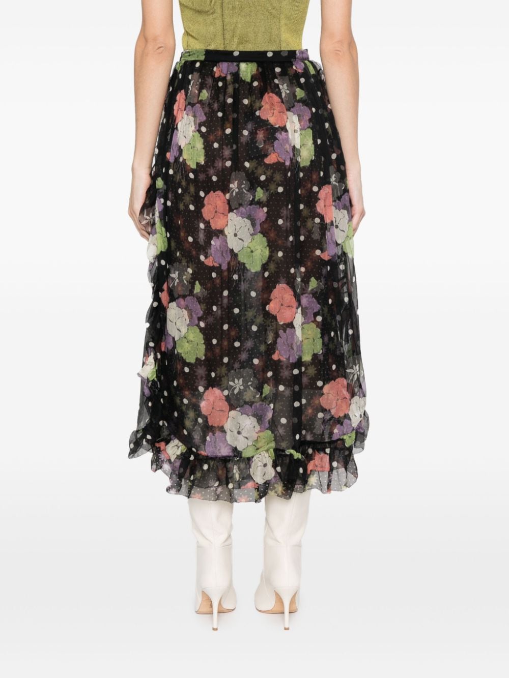 Shop Etro Floral-print Ruffled Midi Skirt In Black