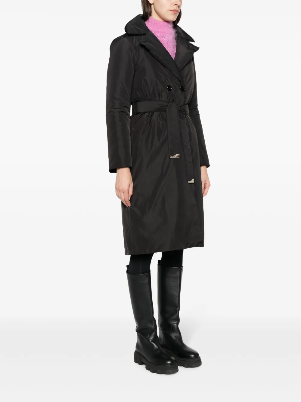 Shop Patrizia Pepe Double-breasted Belted Padded Coat In Black