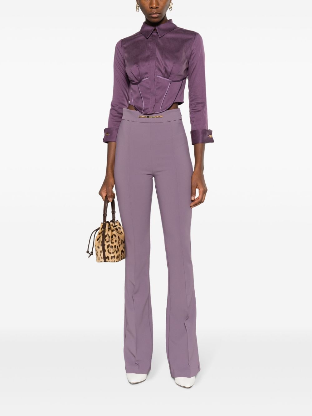 Shop Elisabetta Franchi Horsebit-detail Crepe-texture Flared Trousers In Purple