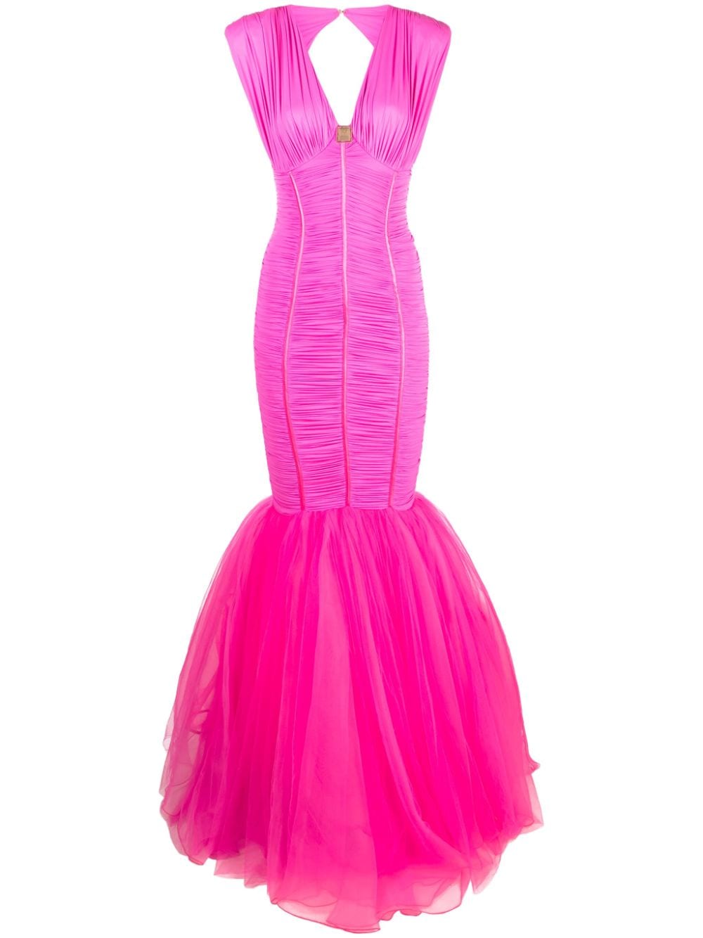 Elisabetta Franchi Ruched Tulle Long Dress In Pink
